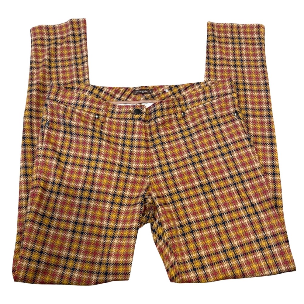 J.McLaughlin‎ Lexi Plaid Slim Pants Womens 8 Mustard Burgundy Stretch Trousers